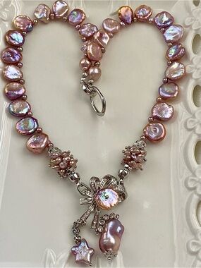 N323-Premium Metallic Purple Keshi Pearl Necklace  Detachable Pendant/Brooch
